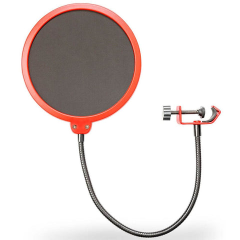 Deco Gear Universal Double Layer Pop Filter Microphone Wind Screen with Adjustable Goose Neck Mic Stand Clip (Black with Red Trim) - DecoGear