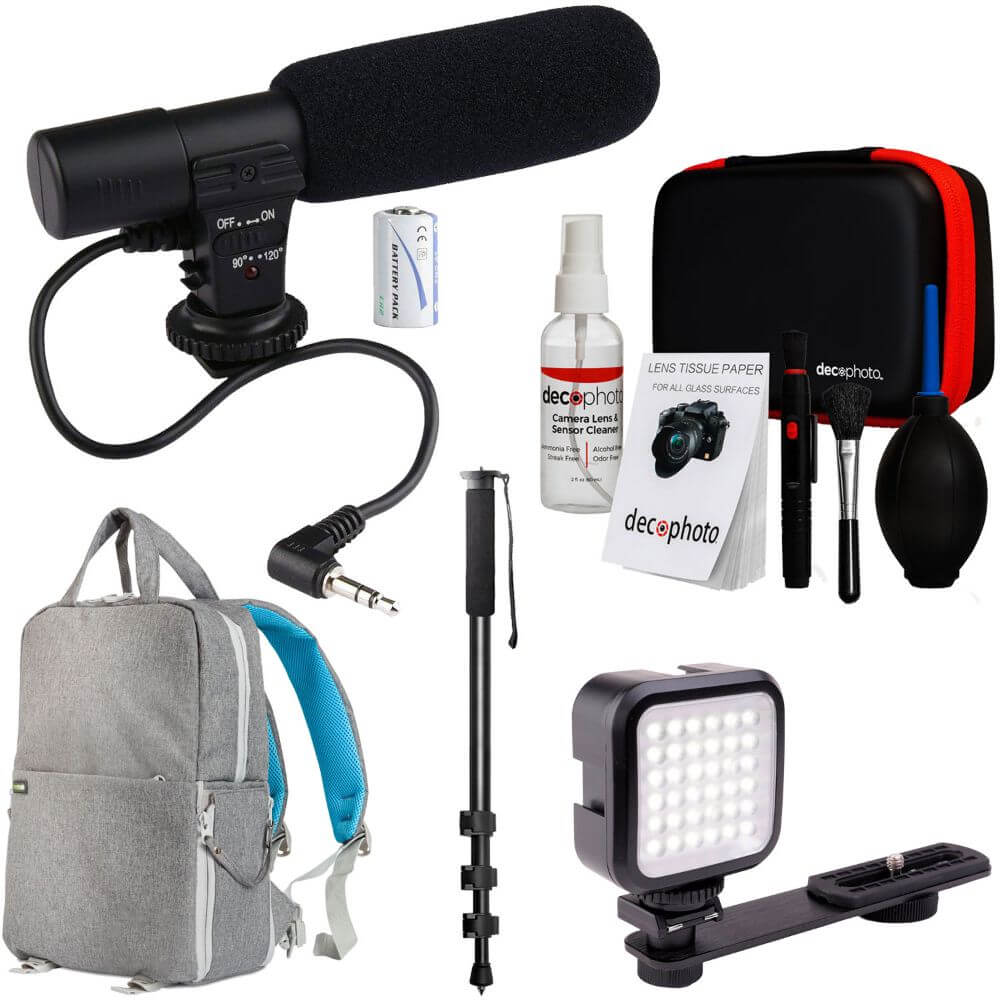 Deco Gear Mobile Pro Photographer Video Recording Bundle for DSLR & Mirrorless Cameras - Shotgun Mic, LED Constant Lighting, Monopod, Backpack and More - DecoGear