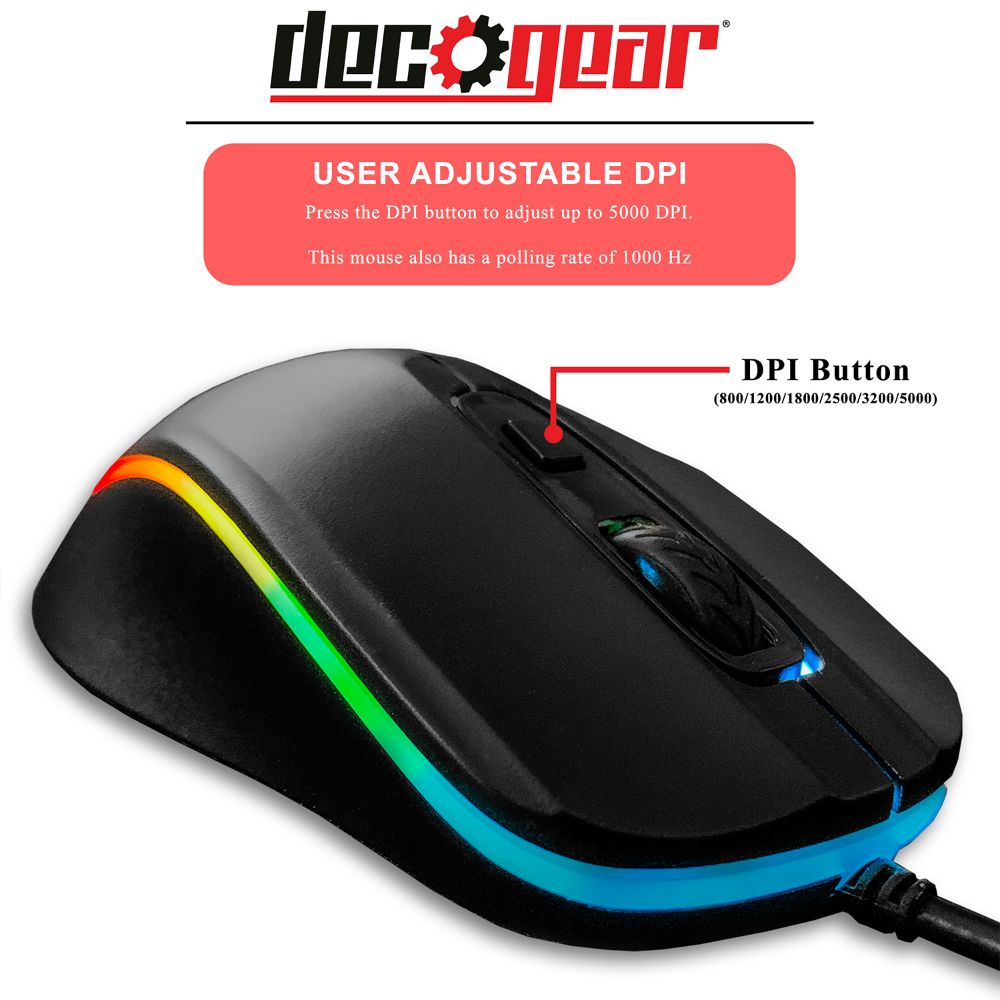 Deco Gear Wired Gaming Mouse, 800-5000 Adjustable DPI, 11 RGB Backlit Modes - Deco Gear