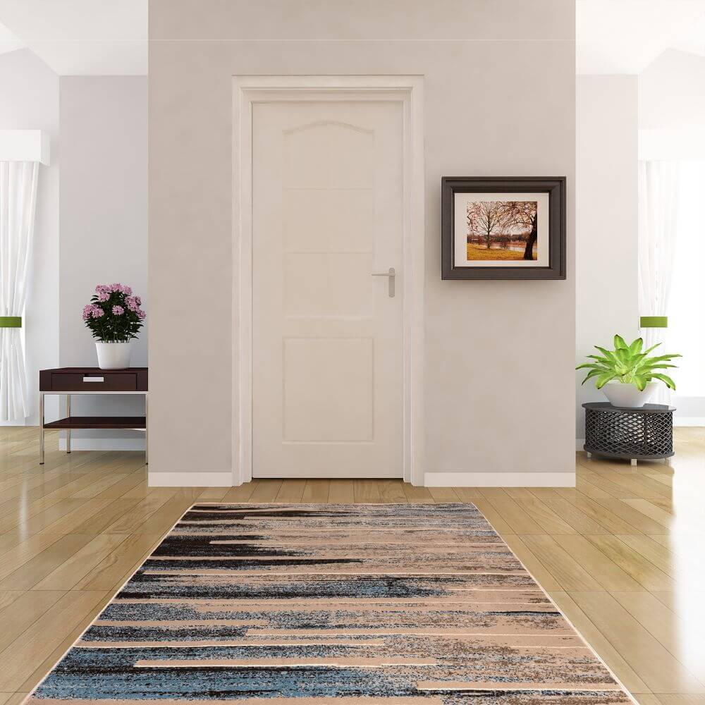 Deco Home 5.25' x 7.5' Modern Abstract Indoor Area Rug with Non-Slip Backing, Serged Edges, .4" Pile Height, Soft Polypropylene (Blue/Tan) - DecoGear