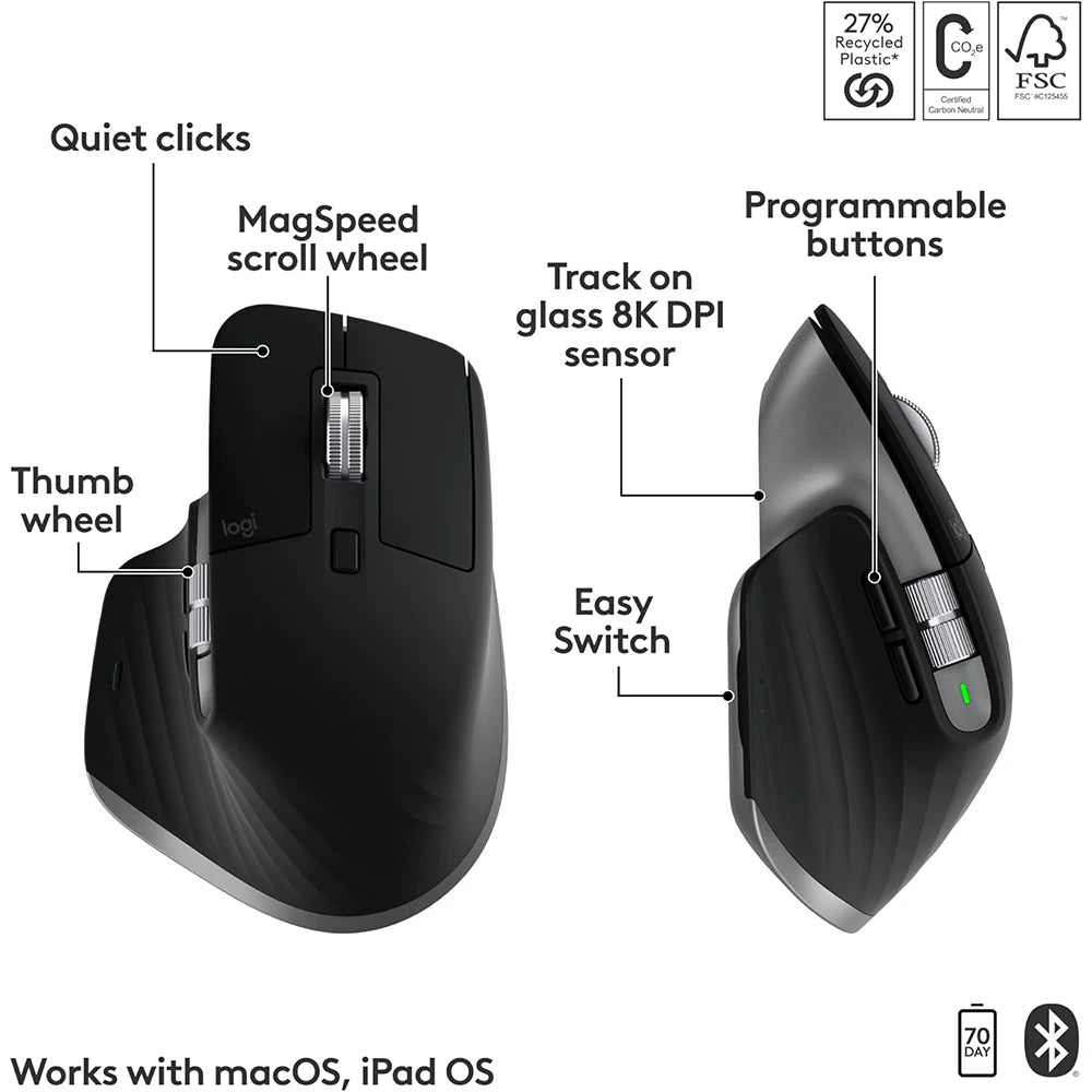 Logitech MX Keys S Combo for Mac, Wireless Keyboard, Mouse, Palm Rest - Space Grey