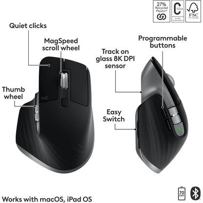 Logitech MX Keys S Combo for Mac, Wireless Keyboard, Mouse, Palm Rest - Space Grey