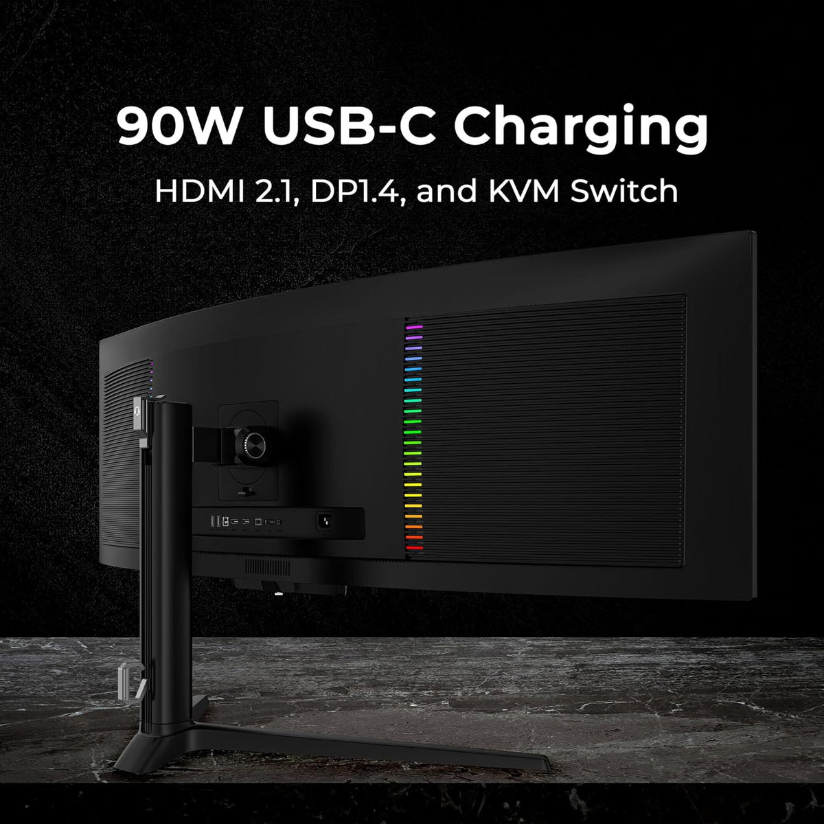 Deco Gear 49″ OLED Monitor, rear three-quarter view on its stand, showing the input panel and a vertical strip of rainbow colors, captioned 90 W USB-C charging, HDMI 2.1, DP 1.4 and KVM switch