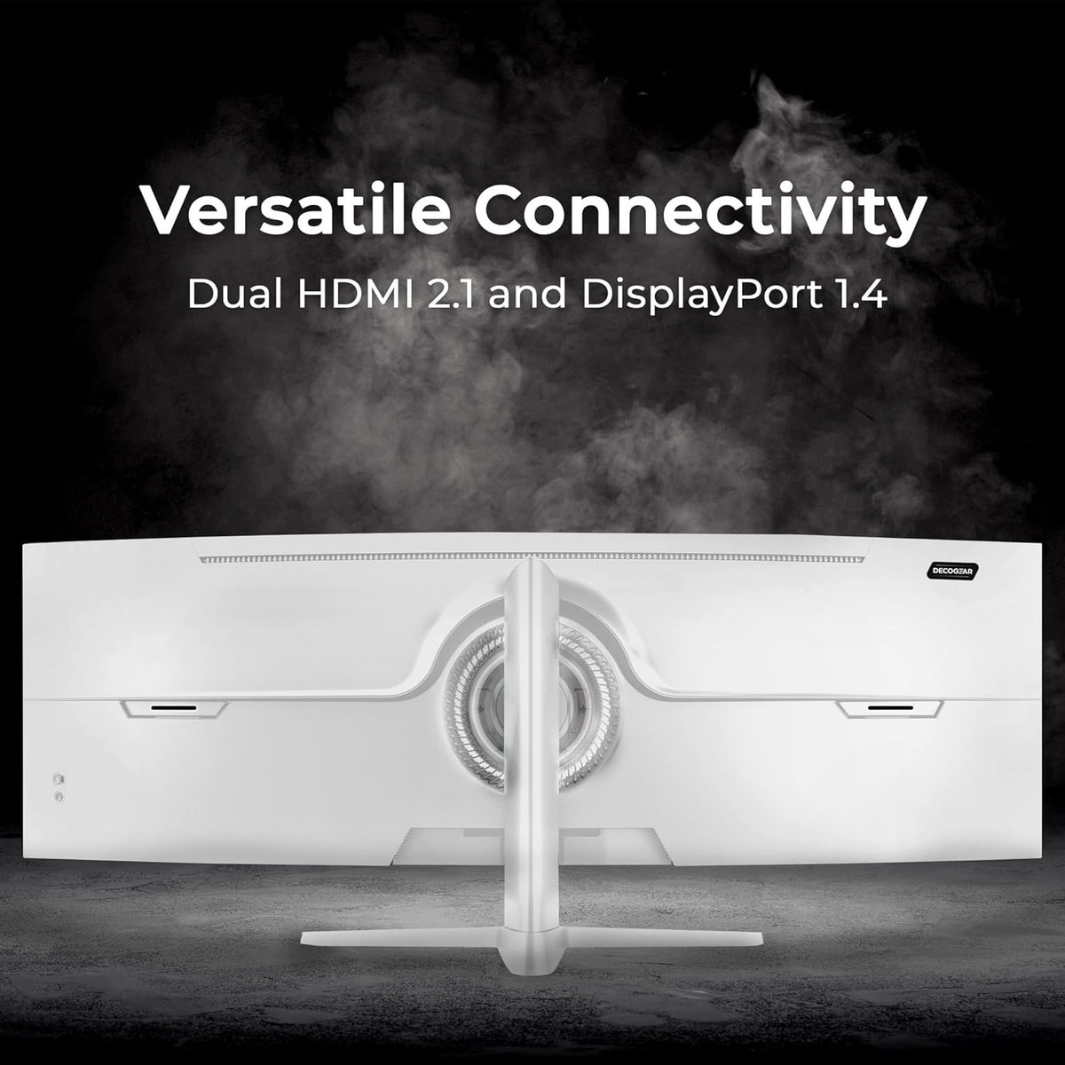 Deco Gear 49″ Curved Ultrawide White Monitor, rear view on its stand under the heading Versatile Connectivity