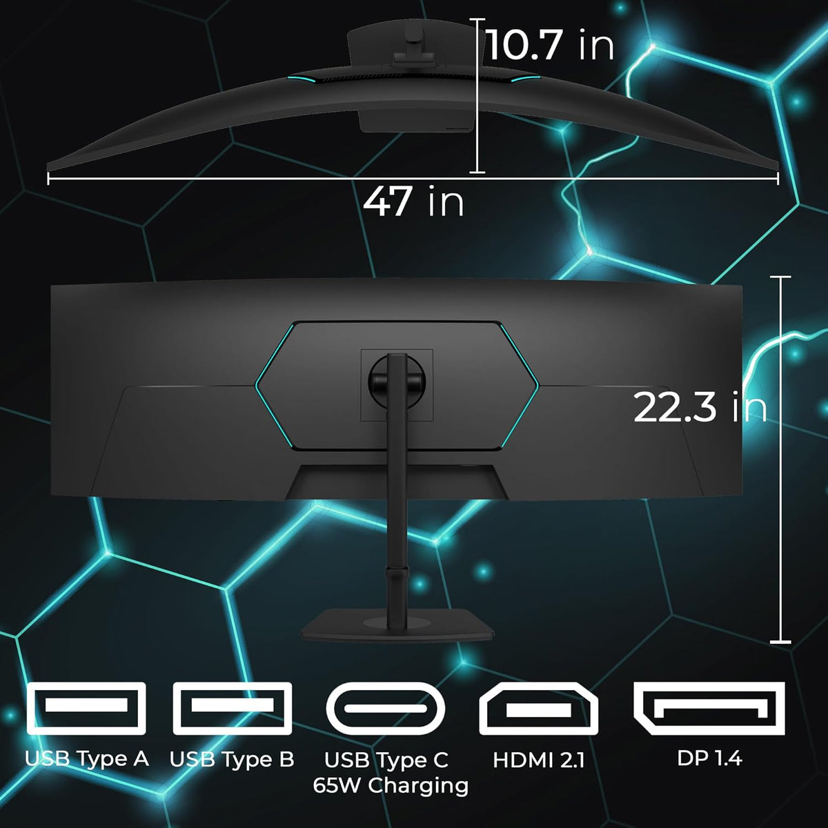 Deco Gear 49″ 165 Hz Monitor, dimensions 47 × 10.7 × 22.3 inches, and the ports: USB-A, USB-B, USB-C with 65 W charging, HDMI 2.1, DisplayPort 1.4
