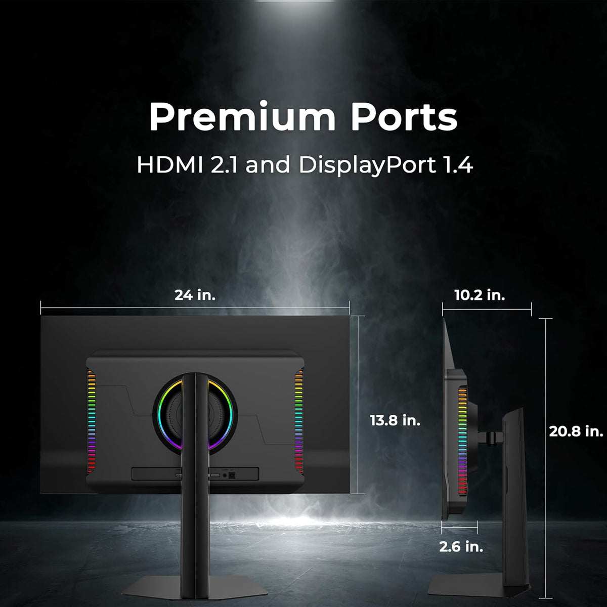 Deco Gear 27″ OLED Monitor, rear and side views with dimension lines: 24 in wide, 20.8 in tall on its stand, 10.2 in deep