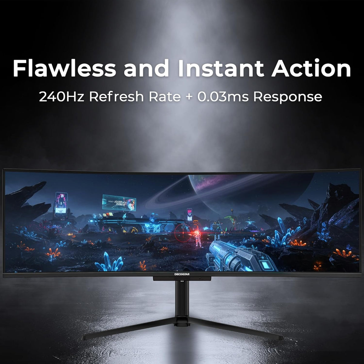 Deco Gear 49″ 240 Hz OLED Monitor, a sci-fi game on screen in a dark room, with a 240 Hz refresh rate label