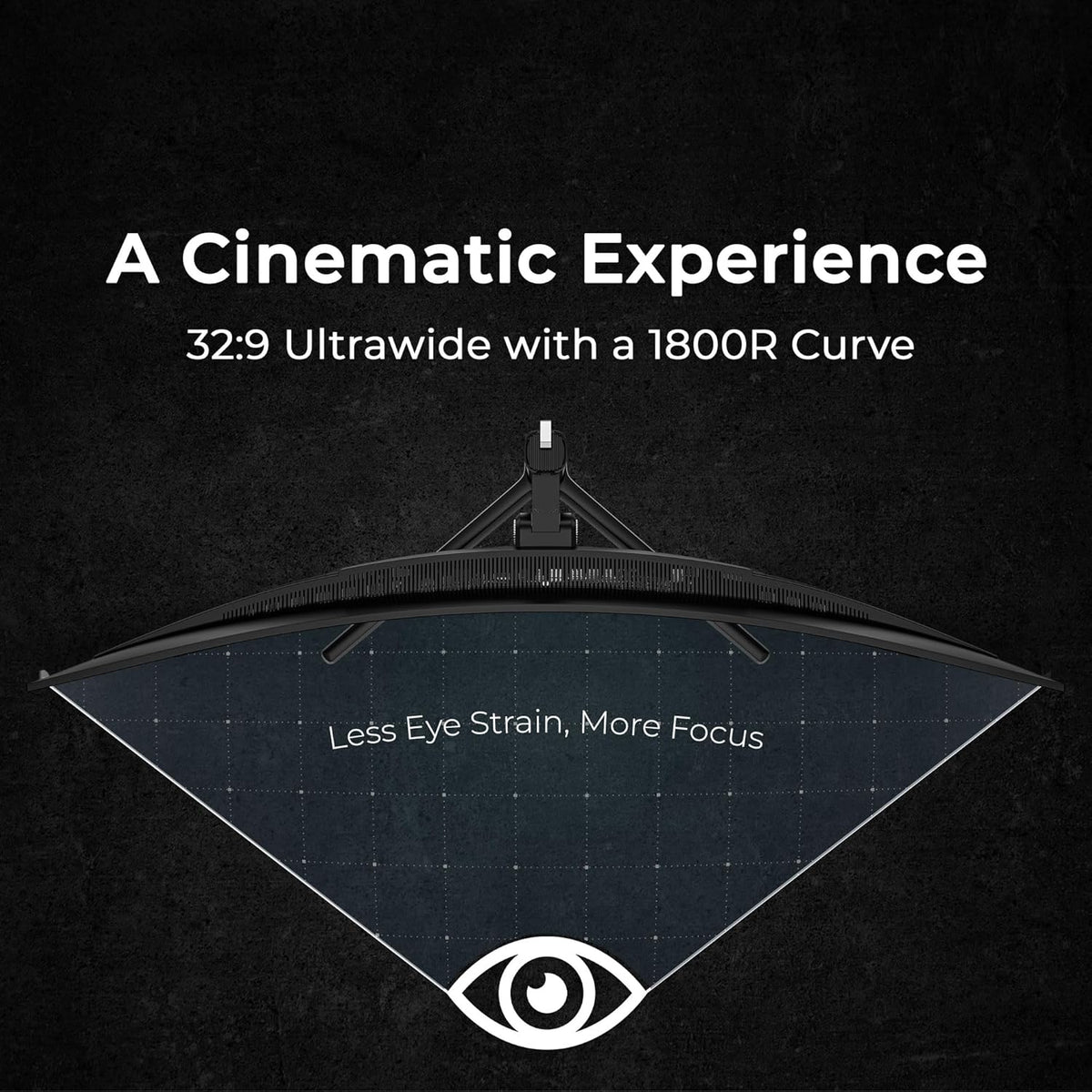 Deco Gear 49″ OLED Monitor, seen from above, the 1800R curve of the 32:9 screen wrapping around the viewer