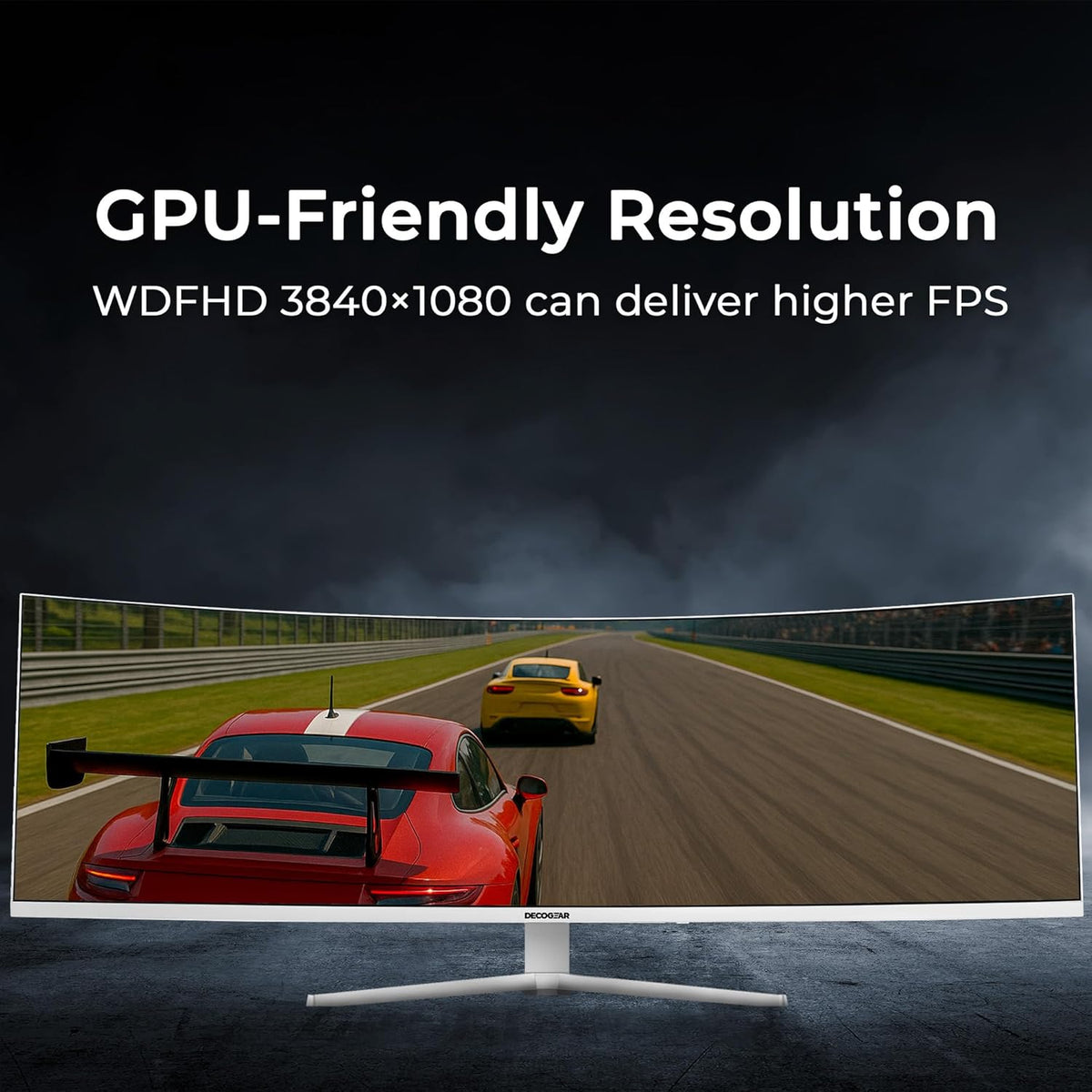 Deco Gear 49″ Curved Ultrawide White Monitor, a racing game across the 3840 × 1080 screen, labelled GPU-friendly resolution