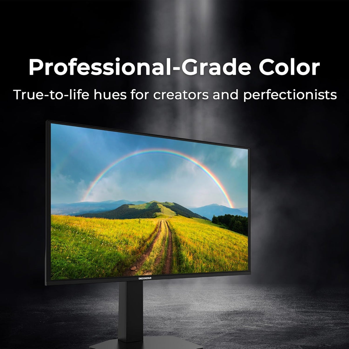 Deco Gear 27″ OLED Monitor, angled view, a rainbow over a green hillside on the screen