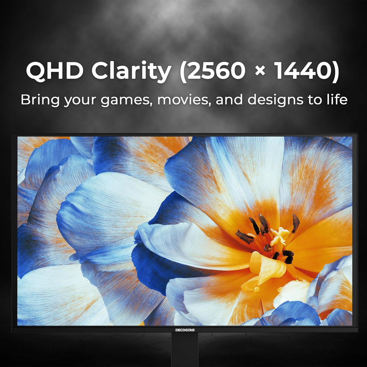 Deco Gear 27″ OLED Monitor, front view, a blue and orange flower filling the screen