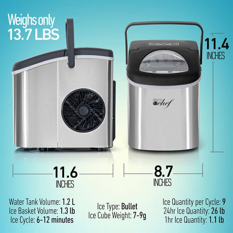 Deco Chef Compact Countertop Ice Maker 26LBs in 24HRs, 9 Ice Cubes in 6 Minutes (Stainless Steel)