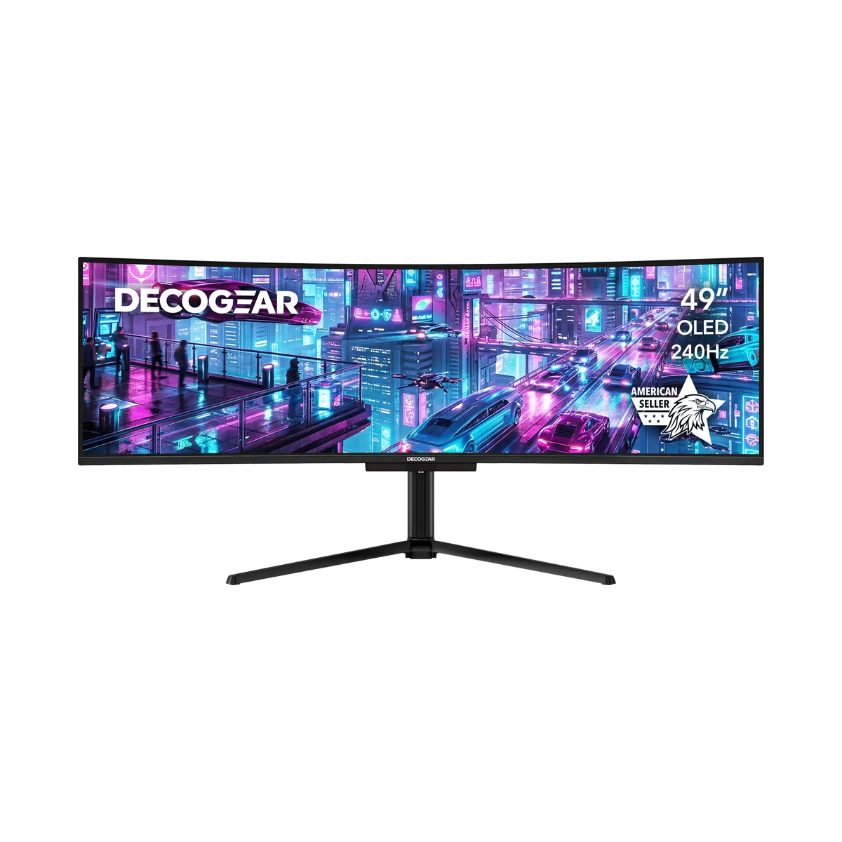 Deco Gear 49″ 240 Hz OLED Monitor, a neon city scene on screen, with a 49″ OLED 240Hz label