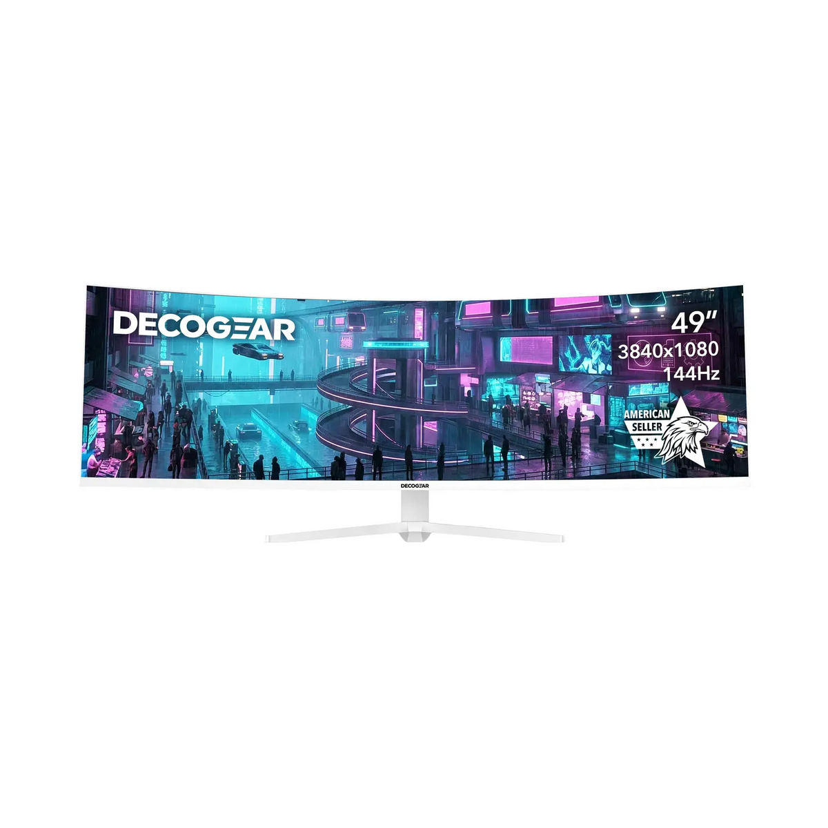 Deco Gear 49″ Curved Ultrawide White Monitor, front view on a white background, city game art on screen with 49″, 3840 × 1080 and 144 Hz labels