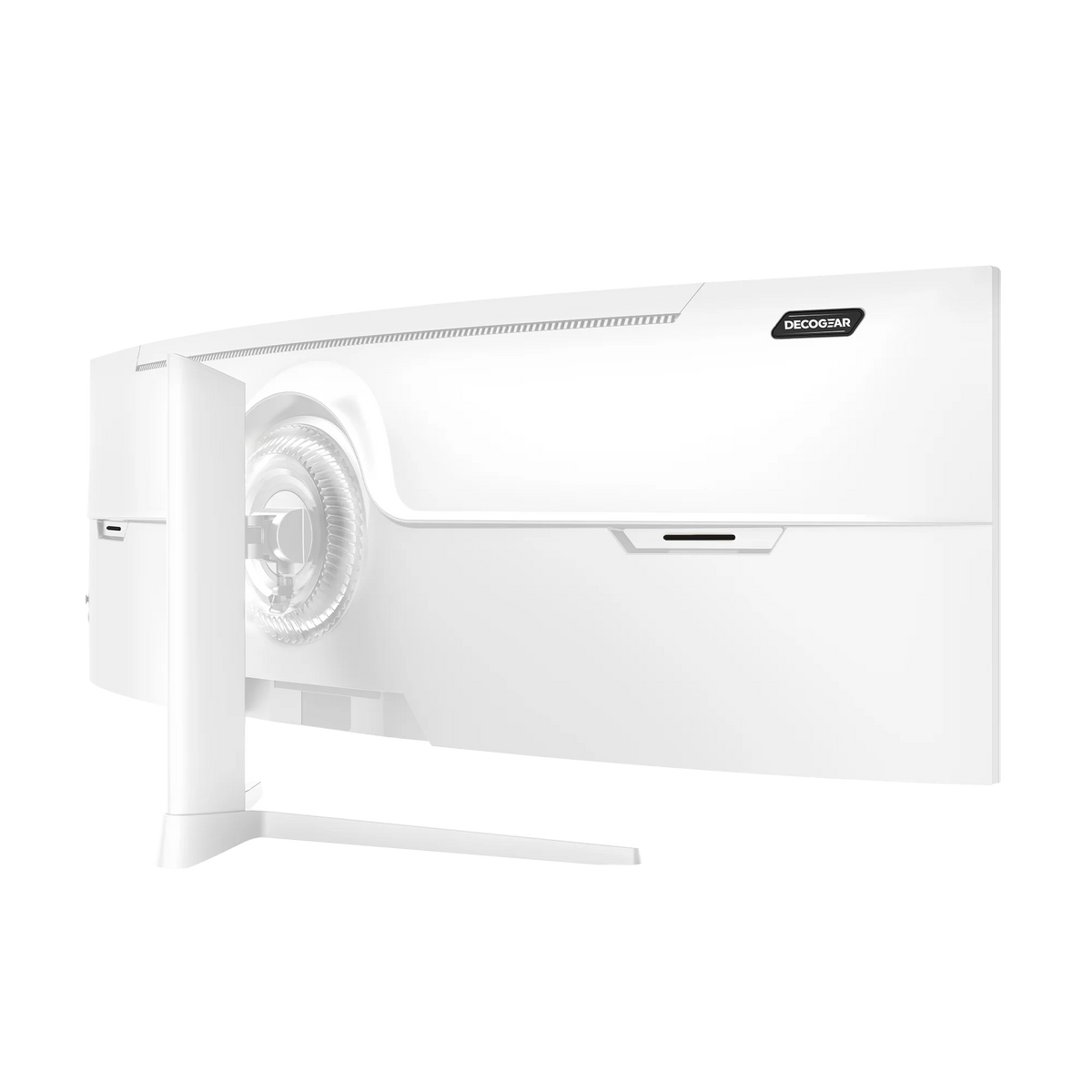 Deco Gear 49″ Curved Ultrawide White Monitor, rear three-quarter view in white on a black background