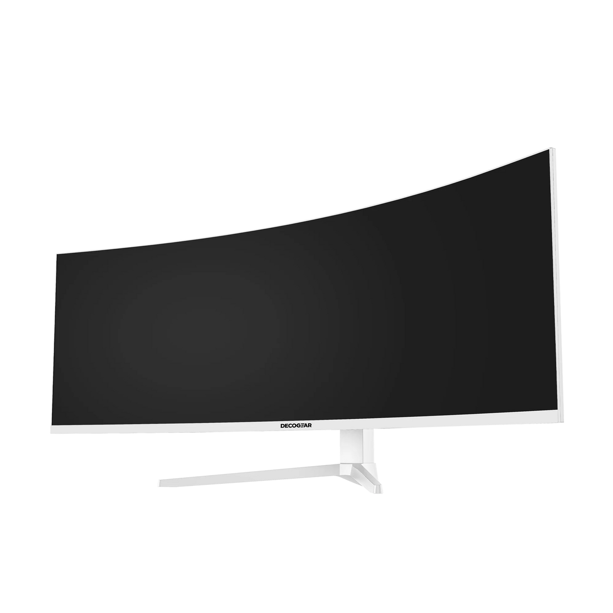 Deco Gear 49″ Curved Ultrawide White Monitor, front three-quarter view, screen off