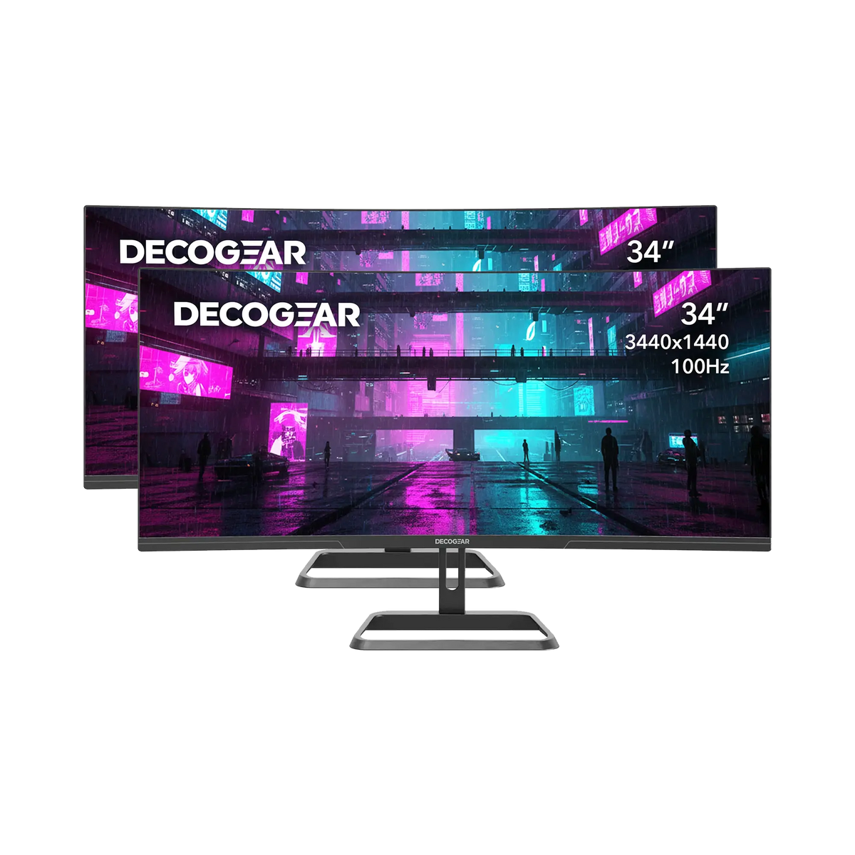 Deco Gear 34″ Business Monitor, the 2-Pack: two monitors, one behind the other, with 34″, 3440 × 1440 and 100 Hz labels