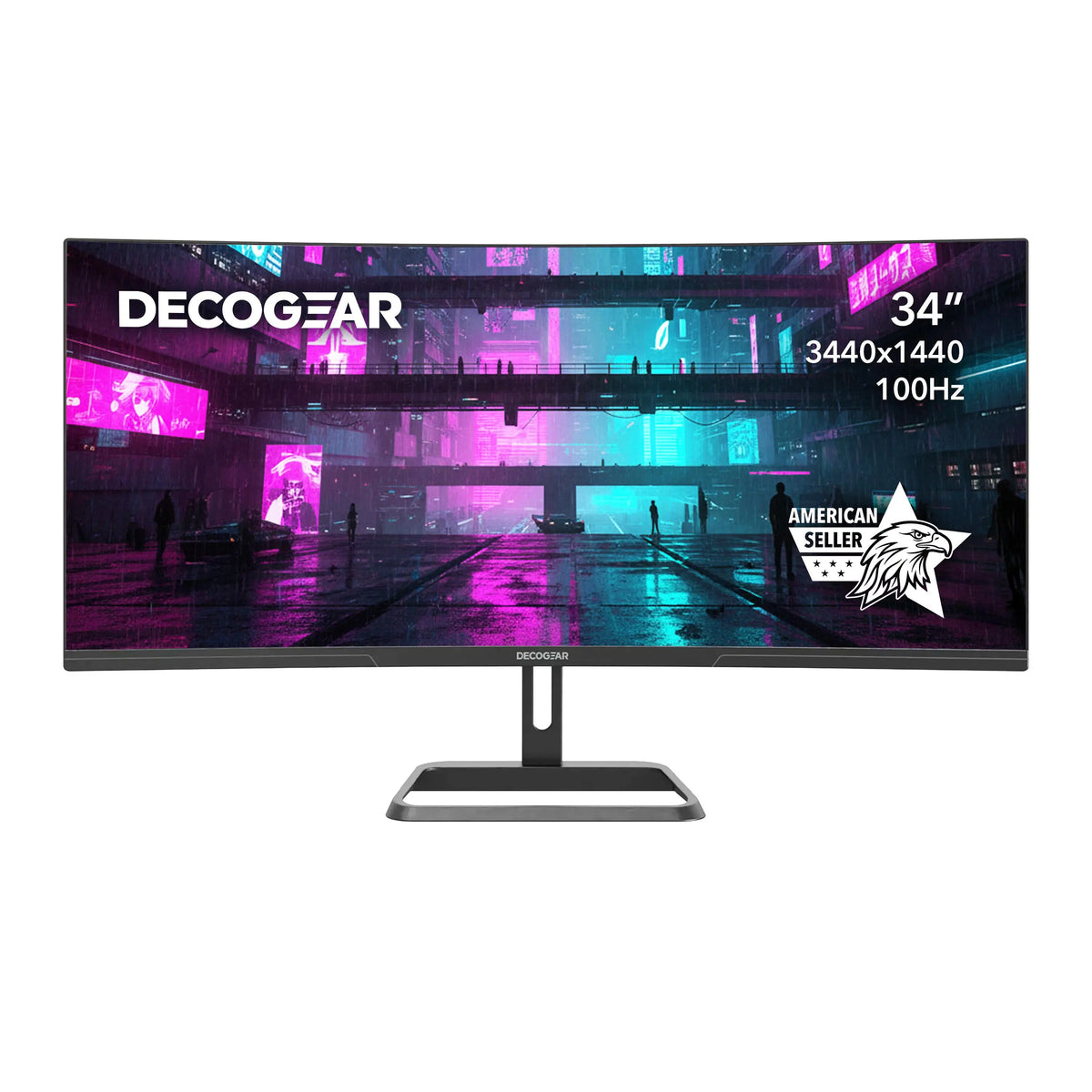 Deco Gear 34″ Business Monitor, front view with a neon city scene on screen and 34″, 3440 × 1440 and 100 Hz labels