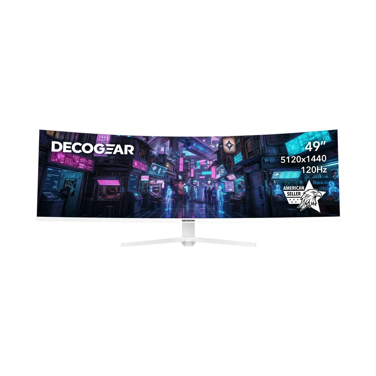 Deco Gear 49″ White Curved 5K DQHD, front view on a white background, game art on screen with 49″, 5120 × 1440 and 120 Hz labels
