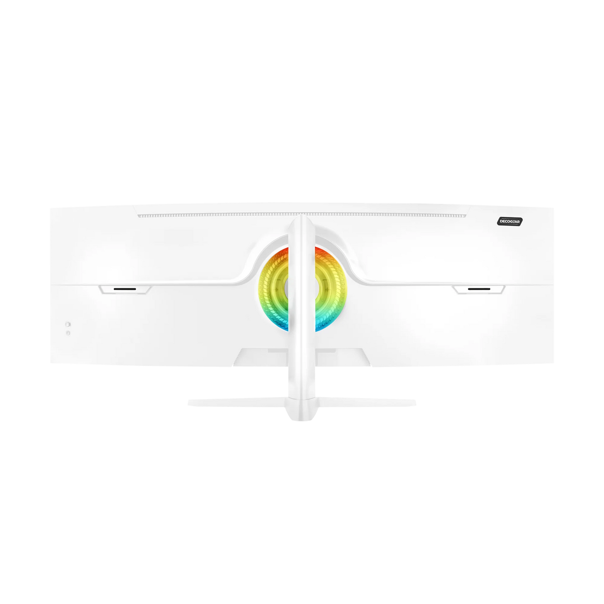Deco Gear 49″ White Curved 5K DQHD, rear view on its stand