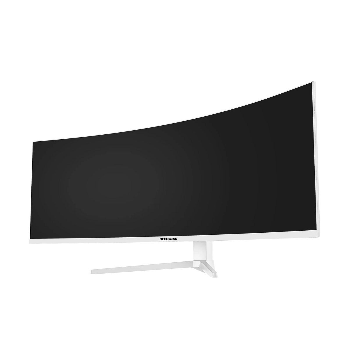 Deco Gear 49″ White Curved 5K DQHD, front three-quarter view, screen off