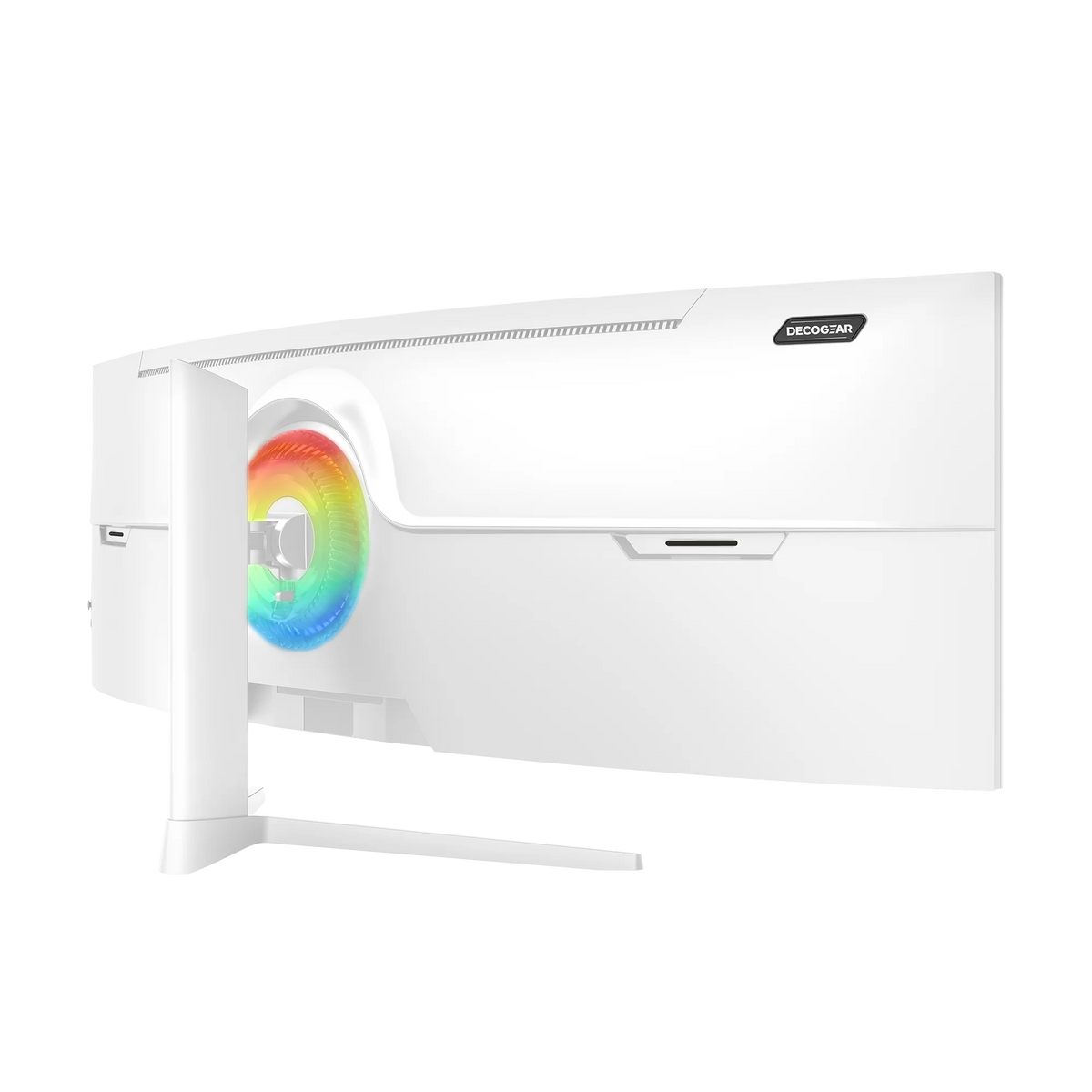 Deco Gear 49″ White Curved 5K DQHD, rear three-quarter view showing the coloured ring around the stand mount