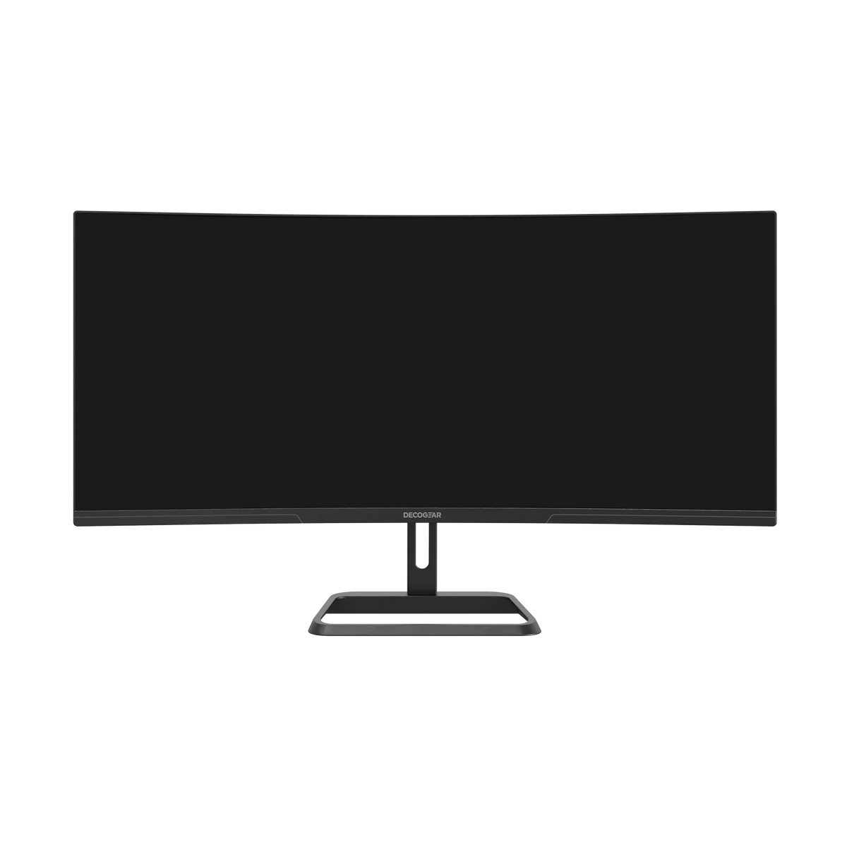 Deco Gear 34″ 180Hz Monitor, front view on its open rectangular base, screen off