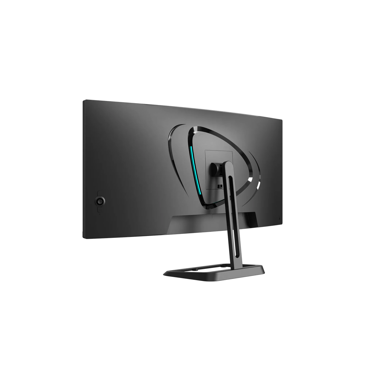 Deco Gear 34″ 180Hz Monitor, rear three-quarter view, the sculpted back with its lit accent