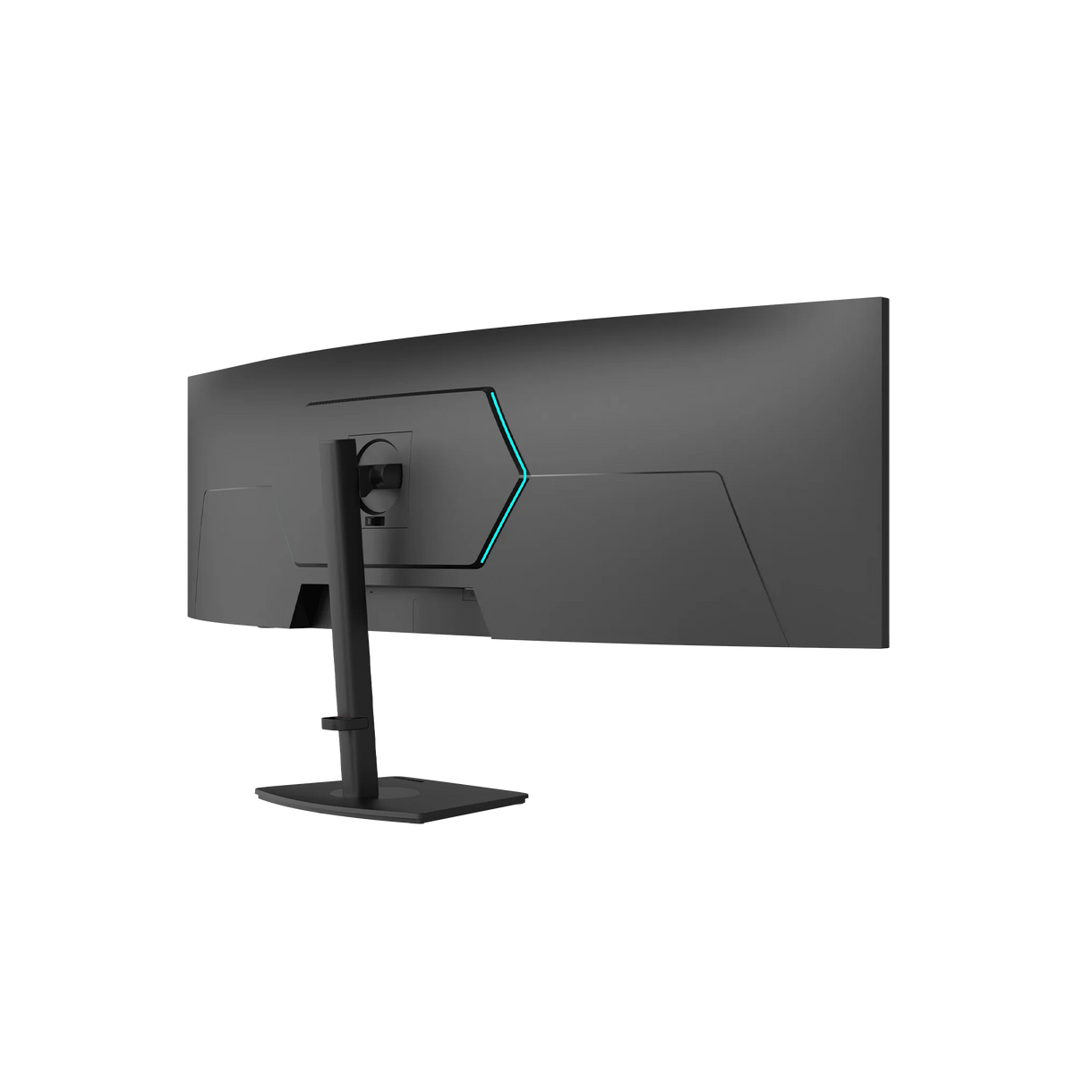 Deco Gear 49″ 165 Hz Monitor, rear three-quarter view on its stand