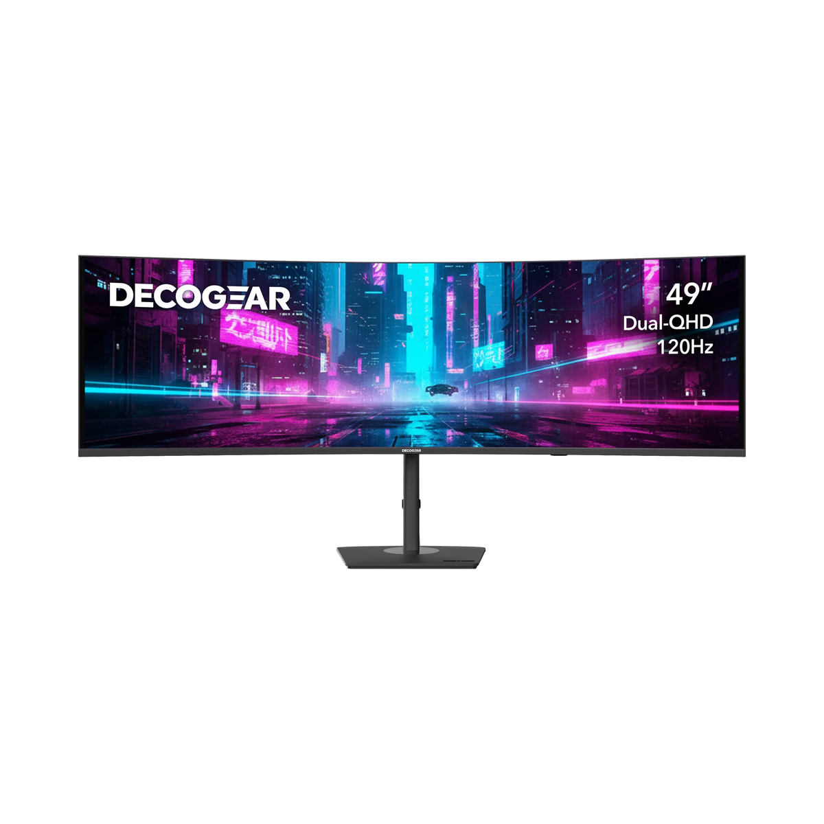 Deco Gear 49″ 5K Monitor Grade A Panel, front view on its stand, the same neon city scene on screen