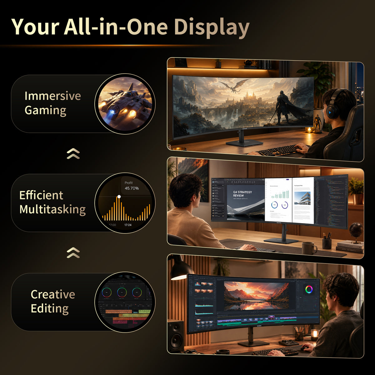 Deco Gear 49″ Ultrawide Monitor, three desk setups: gaming, multitasking and video editing