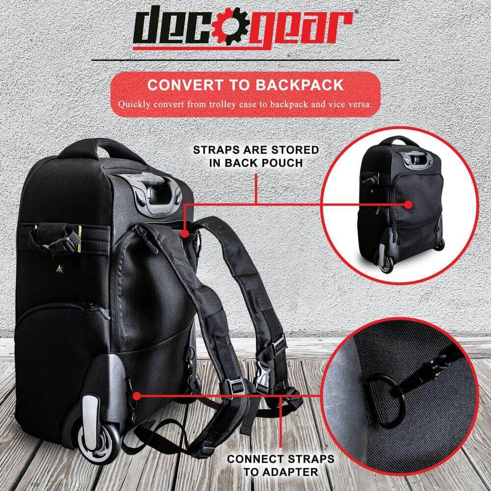 Deco Gear 3-in-1 Travel Camera Case - Waterproof and Shockproof Rolling Camera Backpack - Three Methods of Transport - Wheeled Trolley, Backpack, Carry On Bag - DecoGear
