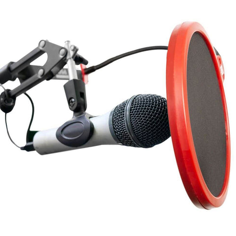 Deco Gear Universal Double Layer Pop Filter Microphone Wind Screen with Adjustable Goose Neck Mic Stand Clip (Black with Red Trim) - DecoGear
