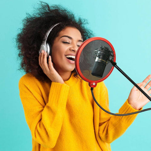 Deco Gear Universal Double Layer Pop Filter Microphone Wind Screen with Adjustable Goose Neck Mic Stand Clip (Black with Red Trim) - DecoGear