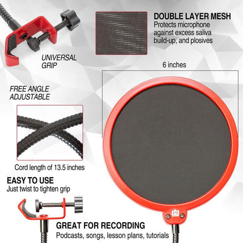 Deco Gear Universal Double Layer Pop Filter Microphone Wind Screen with Adjustable Goose Neck Mic Stand Clip (Black with Red Trim) - DecoGear