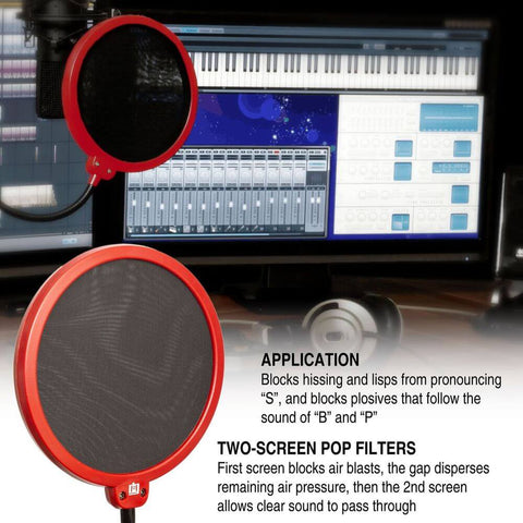 Deco Gear Universal Double Layer Pop Filter Microphone Wind Screen with Adjustable Goose Neck Mic Stand Clip (Black with Red Trim) - DecoGear