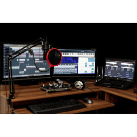Deco Gear Universal Double Layer Pop Filter Microphone Wind Screen with Adjustable Goose Neck Mic Stand Clip (Black with Red Trim) - DecoGear