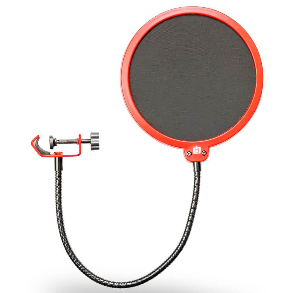 Deco Gear Universal Double Layer Pop Filter Microphone Wind Screen with Adjustable Goose Neck Mic Stand Clip (Black with Red Trim) - DecoGear