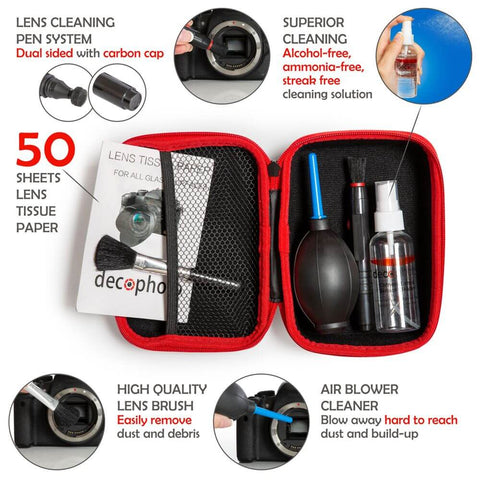 Deco Photo All-in-One Cleaning Kit for DSLR and Mirrorless Cameras - Includes Carry Case, Camera and Sensor Cleaning Spray & Swabs, Lens Brush, Sensor Brush, and Dust Blower - DecoGear