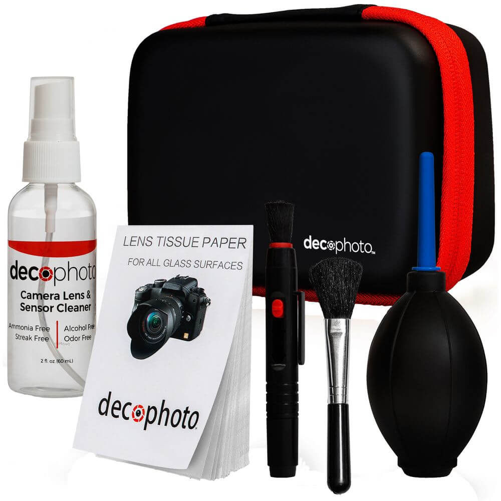 Deco Photo All-in-One Cleaning Kit for DSLR and Mirrorless Cameras - Includes Carry Case, Camera and Sensor Cleaning Spray & Swabs, Lens Brush, Sensor Brush, and Dust Blower - DecoGear