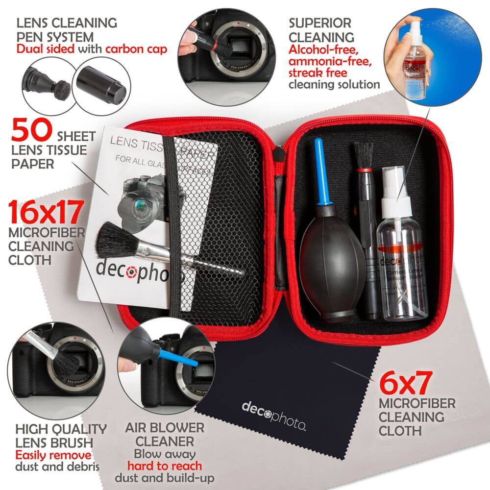 Deco Photo All-in-One Cleaning Kit for DSLR and Mirrorless Cameras - Includes Carry Case, Camera and Sensor Cleaning Spray & Swabs, Lens Brush, Sensor Brush, and Dust Blower - DecoGear