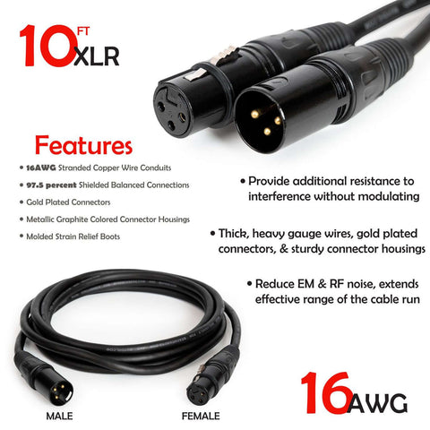 10' XLR Male to XLR Female 16AWG Gold Plated Cable - DecoGear