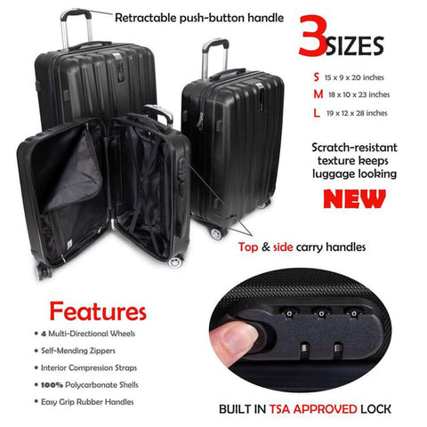 Deco Gear Platinum Voyager Series - 3 Piece Hardside Spinner Luggage Set (Black)(20",24",28") - DecoGear
