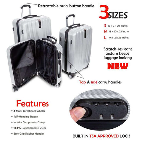 Deco Gear Platinum Voyager Series - 3 Piece Hardside Spinner Luggage Set (Silver)(20",24",28") - DecoGear