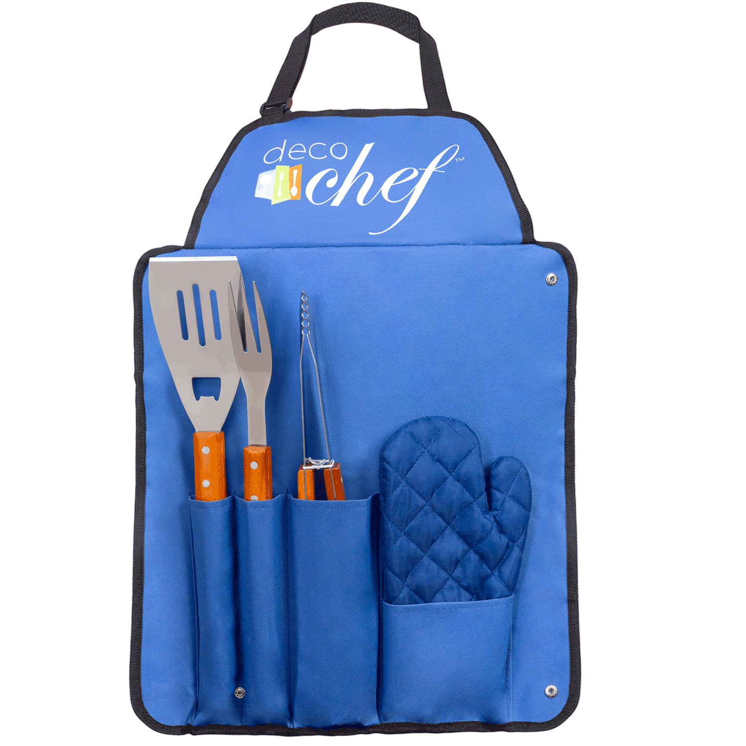 Deco Chef 5 Piece BBQ Tool Set, Custom Blue Apron, Stainless Steel Grilling Utensils - Spatula, Fork, Tongs, and Oven Mitt - Deco Gear