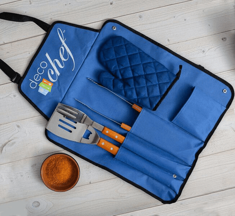 Deco Chef 5 Piece BBQ Tool Set, Custom Blue Apron, Stainless Steel Grilling Utensils - Spatula, Fork, Tongs, and Oven Mitt - Deco Gear