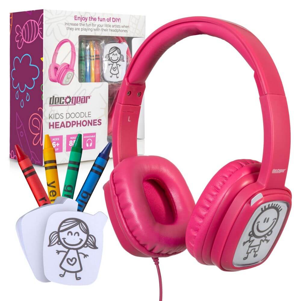 Deco Gear Kids Doodle Foldable Over-Ear Coloring Headphones with Children's Safe Ears Volume Limiter Includes Bonus Crayons (Pink) - DecoGear