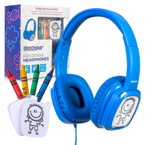 Deco Gear Kids Doodle Foldable Over-Ear Coloring Headphones with Children's Safe Ears Volume Limiter Includes Bonus Crayons (Blue) - DecoGear