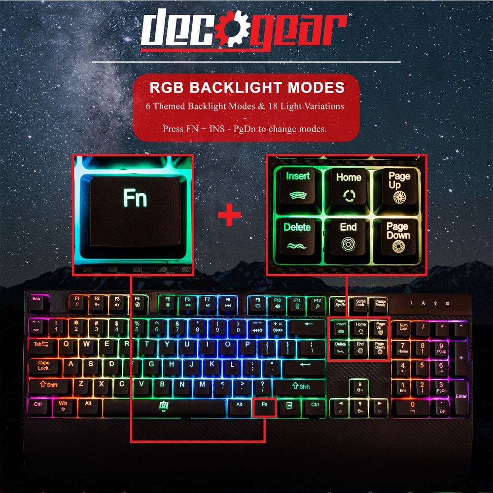 Deco Gear Mechanical Gaming Keyboard | Anti-Ghosting | Ergonomic Fixed Palm Rest | Full Customizable RGB Backlit | Carbon Fiber Design | Outemu Blue Switch | Wired | Black - DecoGear