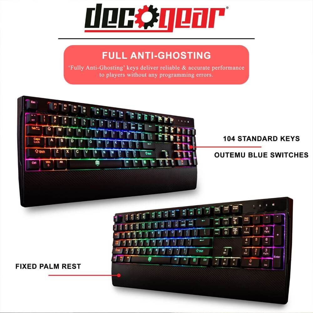 Deco Gear Mechanical Gaming Keyboard | Anti-Ghosting | Ergonomic Fixed Palm Rest | Full Customizable RGB Backlit | Carbon Fiber Design | Outemu Blue Switch | Wired | Black - DecoGear